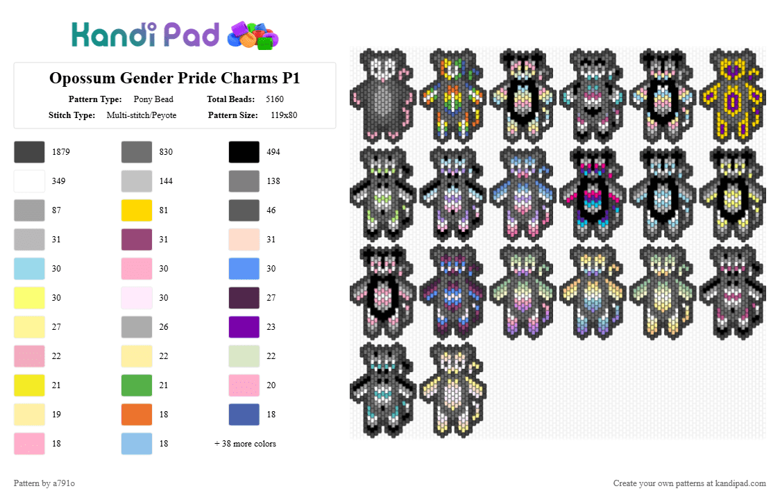 Opossum Gender Pride Charms P1 - Pony Bead Pattern by a791o on Kandi Pad - black,gray,beige,colorful