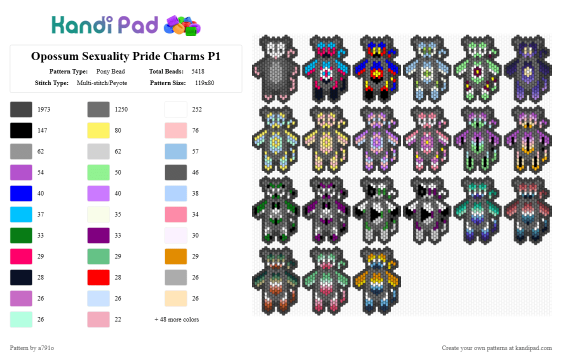 Opossum Sexuality Pride Charms P1 - Pony Bead Pattern by a791o on Kandi Pad - black,gray,pink,light blue