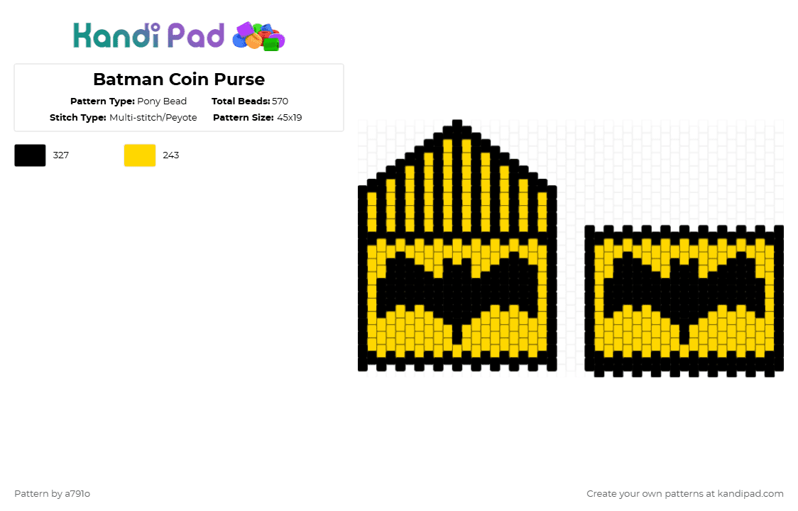 Batman Coin Purse - Pony Bead Pattern by a791o on Kandi Pad - black,yellow