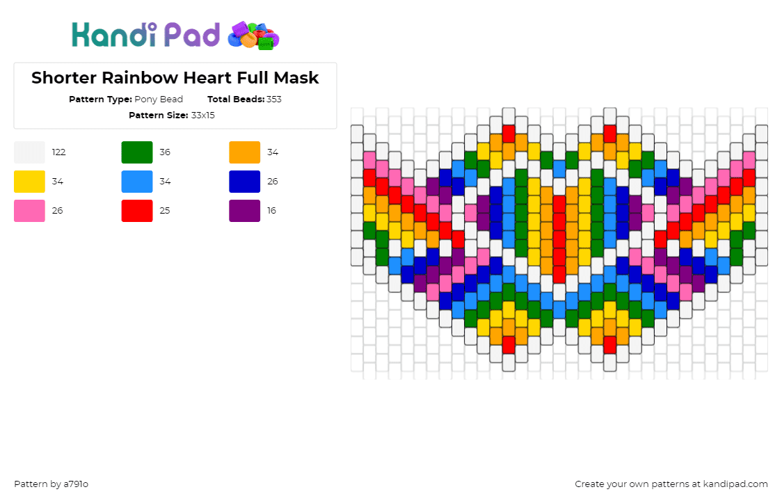 Shorter Rainbow Heart Full Mask - Pony Bead Pattern by a791o on Kandi Pad - rainbow,mask,stripes,colorful,pink,yellow