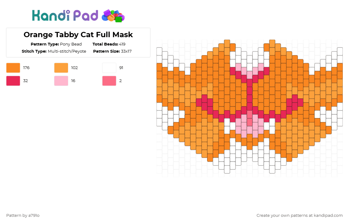Orange Tabby Cat Full Mask - Pony Bead Pattern by a791o on Kandi Pad - orange
