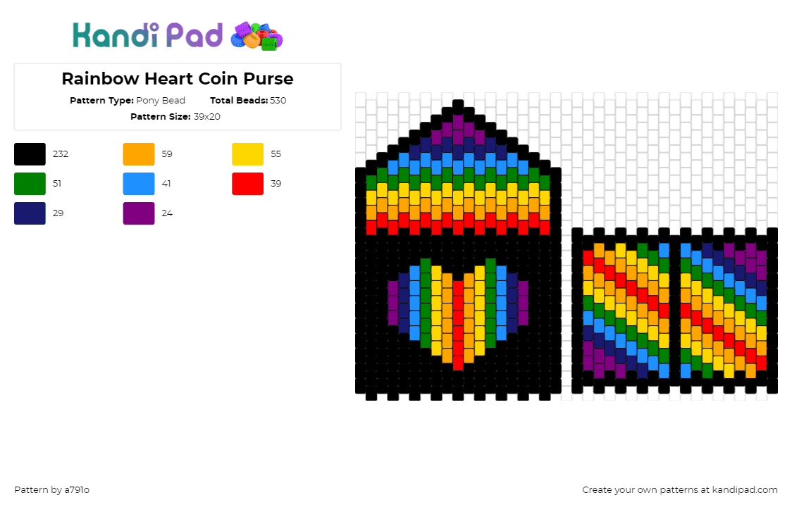 Rainbow Heart Coin Purse - Pony Bead Pattern by a791o on Kandi Pad - purse,heart,rainbow,colorful,bag,black,red,yellow