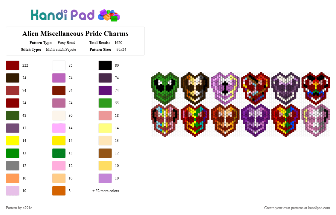 Alien Miscellaneous Pride Charms - Pony Bead Pattern by a791o on Kandi Pad - brown,pink,red,green,pride