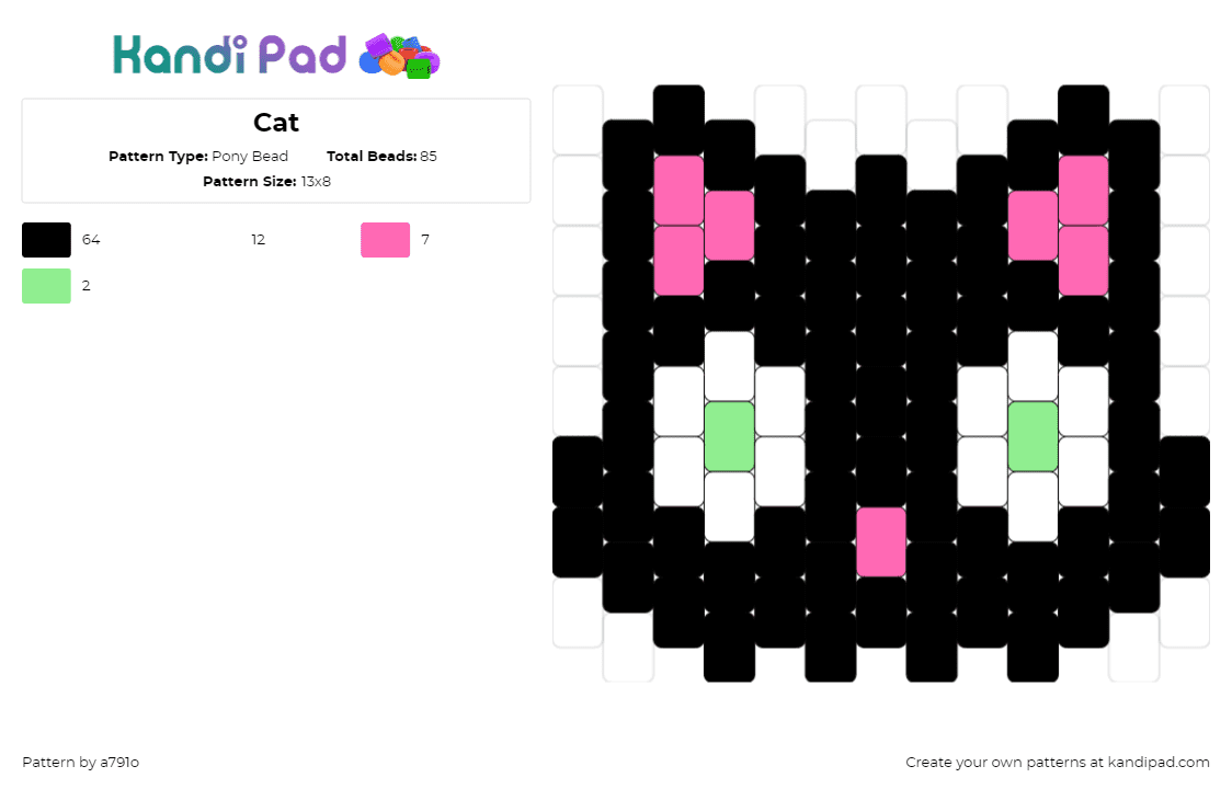 Cat - Pony Bead Pattern by a791o on Kandi Pad - cat,kitten,cute,eyes,black,white,pink