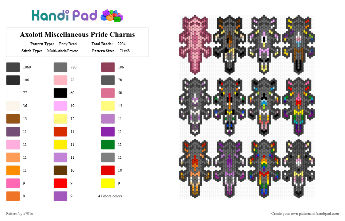 Axolotl Miscellaneous Pride Charms - Pony Bead Pattern by a791o on Kandi Pad - black,pink,gray