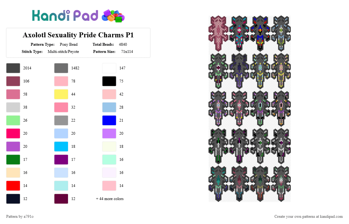 Axolotl Sexuality Pride Charms P1 - Pony Bead Pattern by a791o on Kandi Pad - black,pink,gray