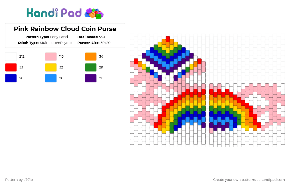 Pink Rainbow Cloud Coin Purse - Pony Bead Pattern by a791o on Kandi Pad - white,pink,purple