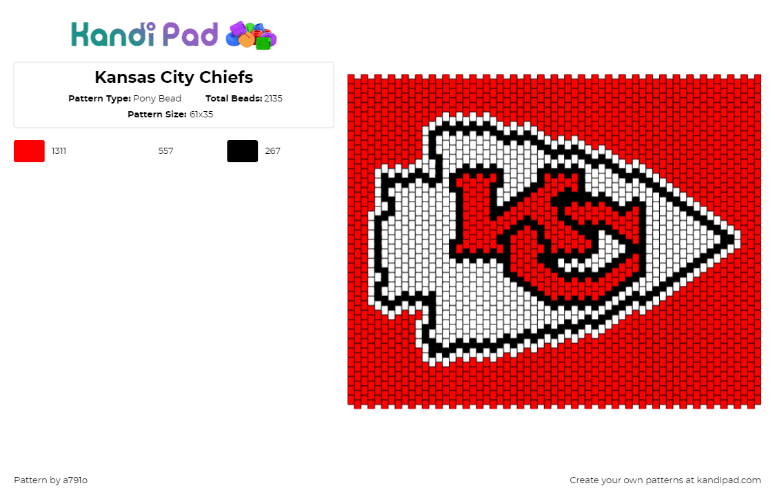 Kansas City Chiefs - Pony Bead Pattern by a791o on Kandi Pad - chiefs,logo,kansas city,arrowhead,football,sports,team,red,white