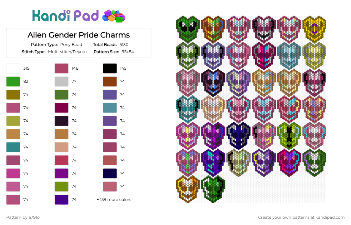 Alien Gender Pride Charms - Pony Bead Pattern by a791o on Kandi Pad - pink,yellow,purple,colorful,pride