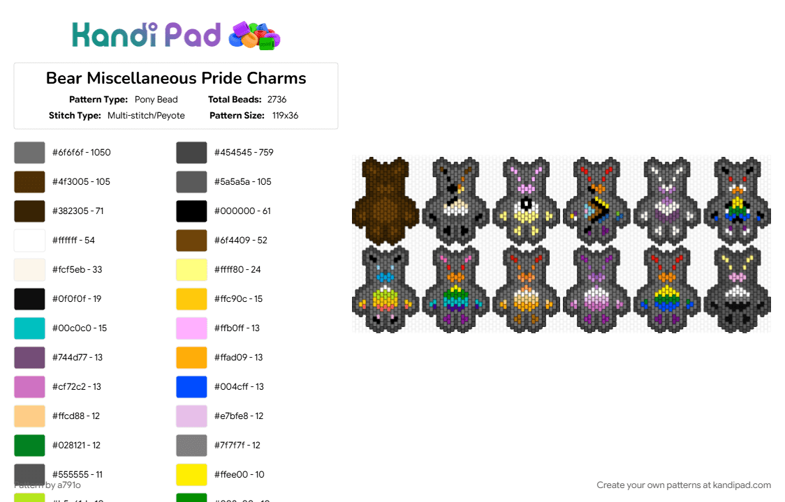 Bear Miscellaneous Pride Charms - Pony Bead Pattern by a791o on Kandi Pad - brown, gray, pink
