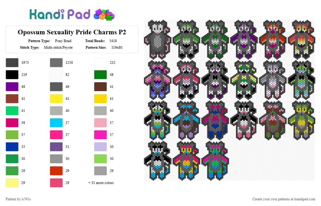 Opossum Sexuality Pride Charms P2 - Pony Bead Pattern by a791o on Kandi Pad - black,gray,pink,green