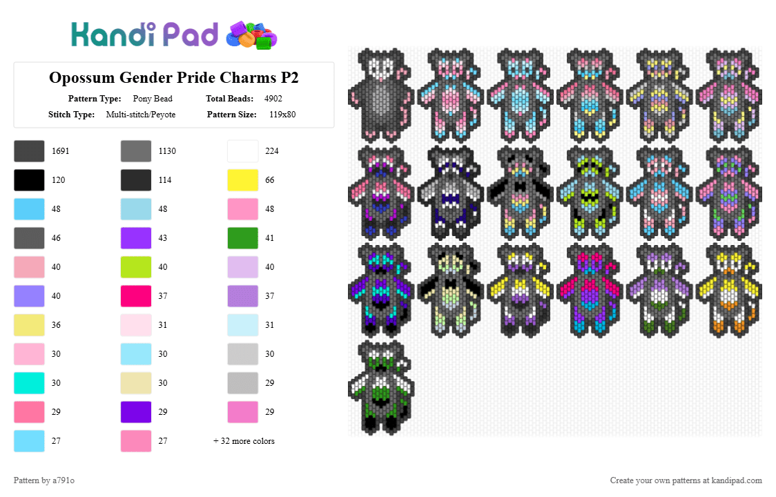 Opossum Gender Pride Charms P2 - Pony Bead Pattern by a791o on Kandi Pad - black,gray,pink,light blue
