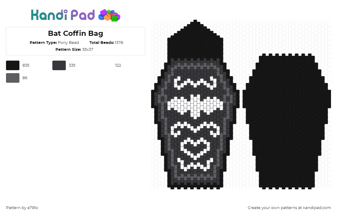 Bat Coffin Bag - Pony Bead Pattern by a791o on Kandi Pad - black,gray,white