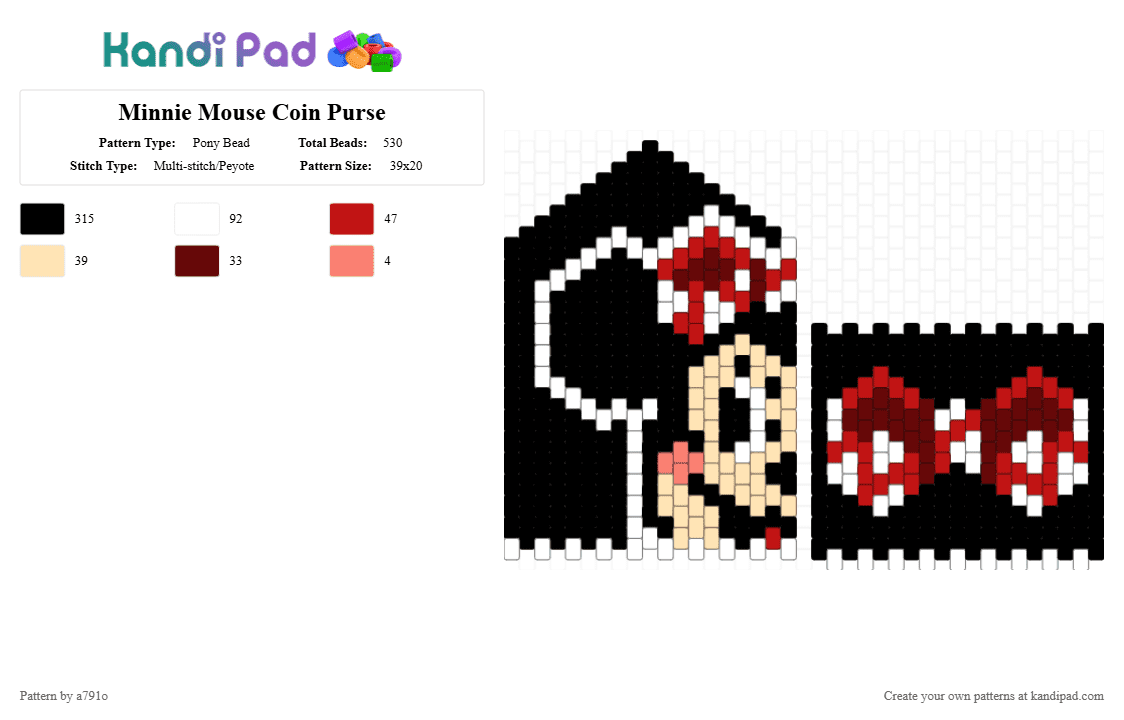 Minnie Mouse Coin Purse - Pony Bead Pattern by a791o on Kandi Pad - black,beige,red,brown