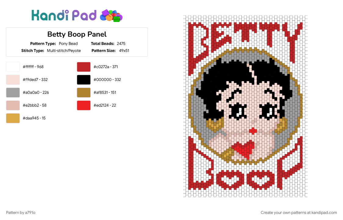 Betty Boop Panel - Pony Bead Pattern by a791o on Kandi Pad - beige, gray, red, white