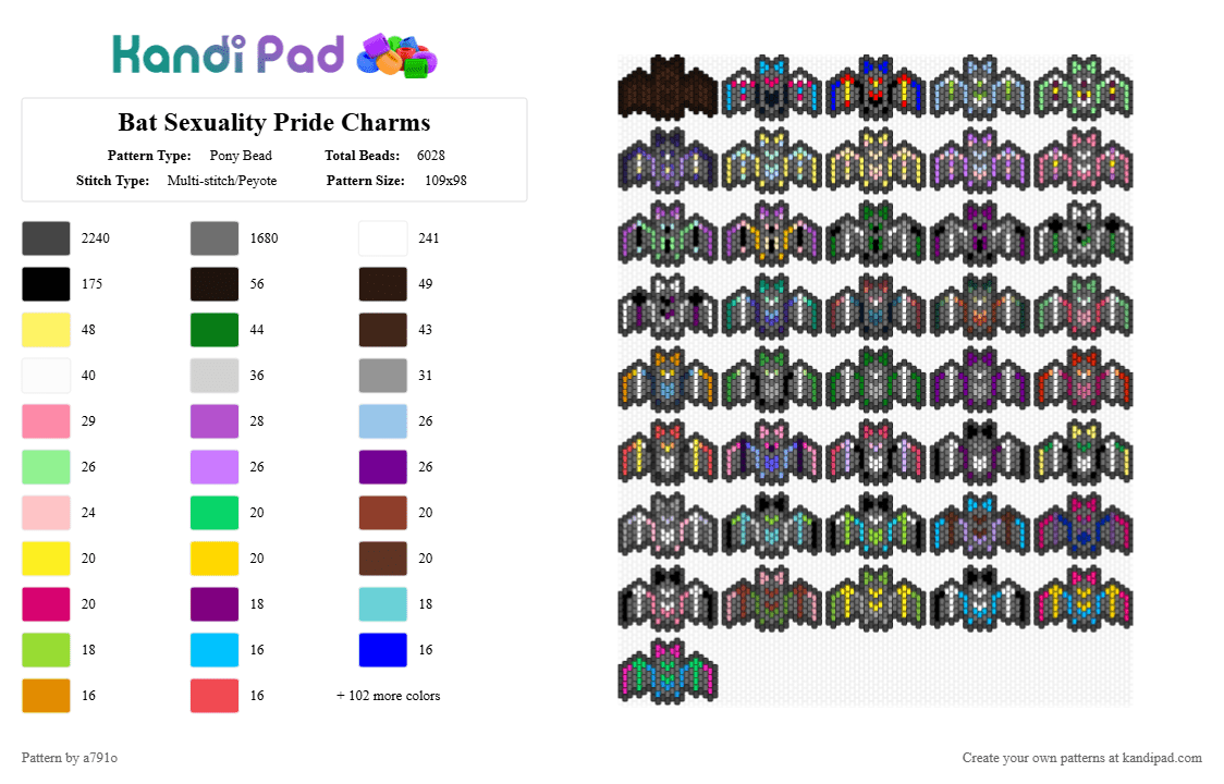 Bat Sexuality Pride Charms - Pony Bead Pattern by a791o on Kandi Pad - black,gray,pink