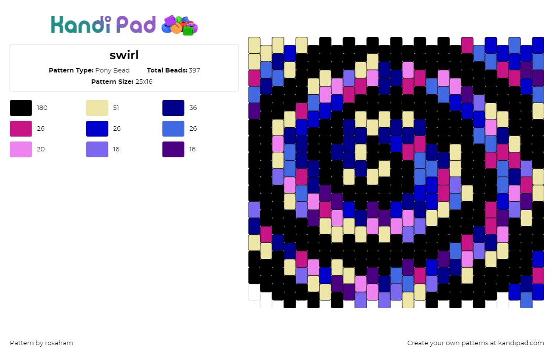 swirl - Pony Bead Pattern by rosaham on Kandi Pad - swirl,spiral,hypnotic,colorful,galaxy,panel,black,pink,blue