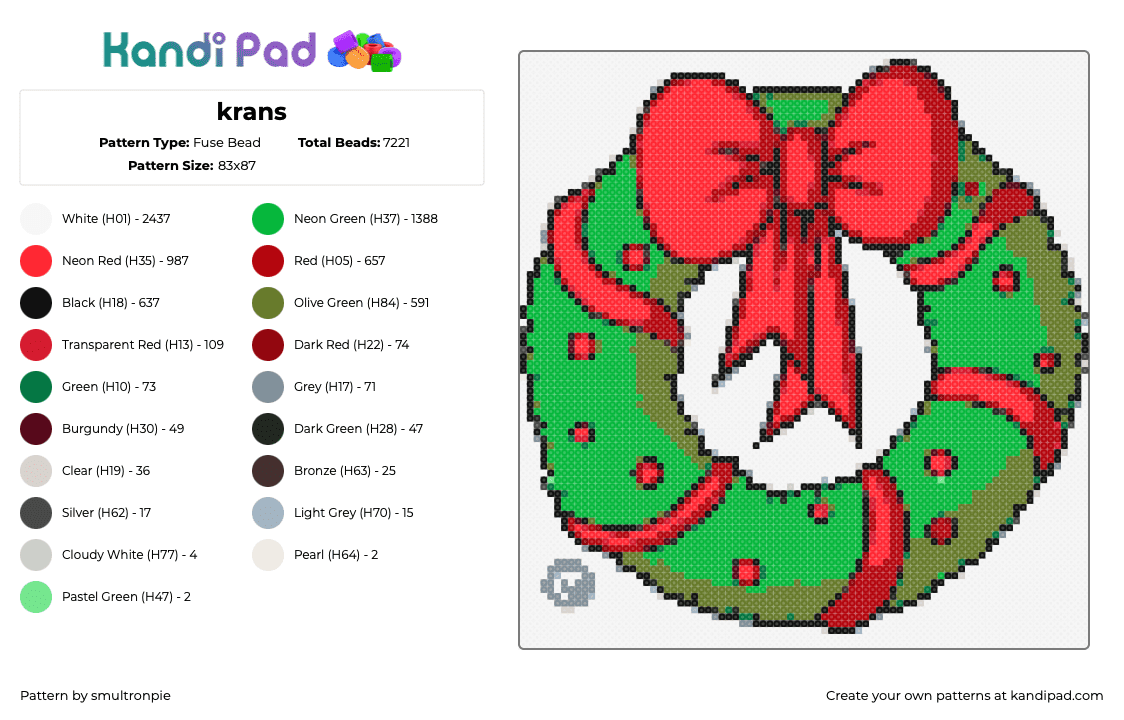 krans - Fuse Bead Pattern by smultronpie on Kandi Pad - wreath,bow,garland,christmas,festive,holly,green,red