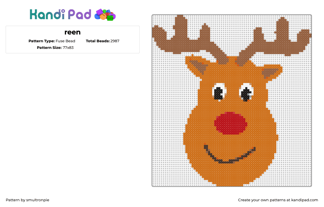 reen - Fuse Bead Pattern by smultronpie on Kandi Pad - reindeer,rudolph,animal,christmas,smile,cute,antlers,brown,orange