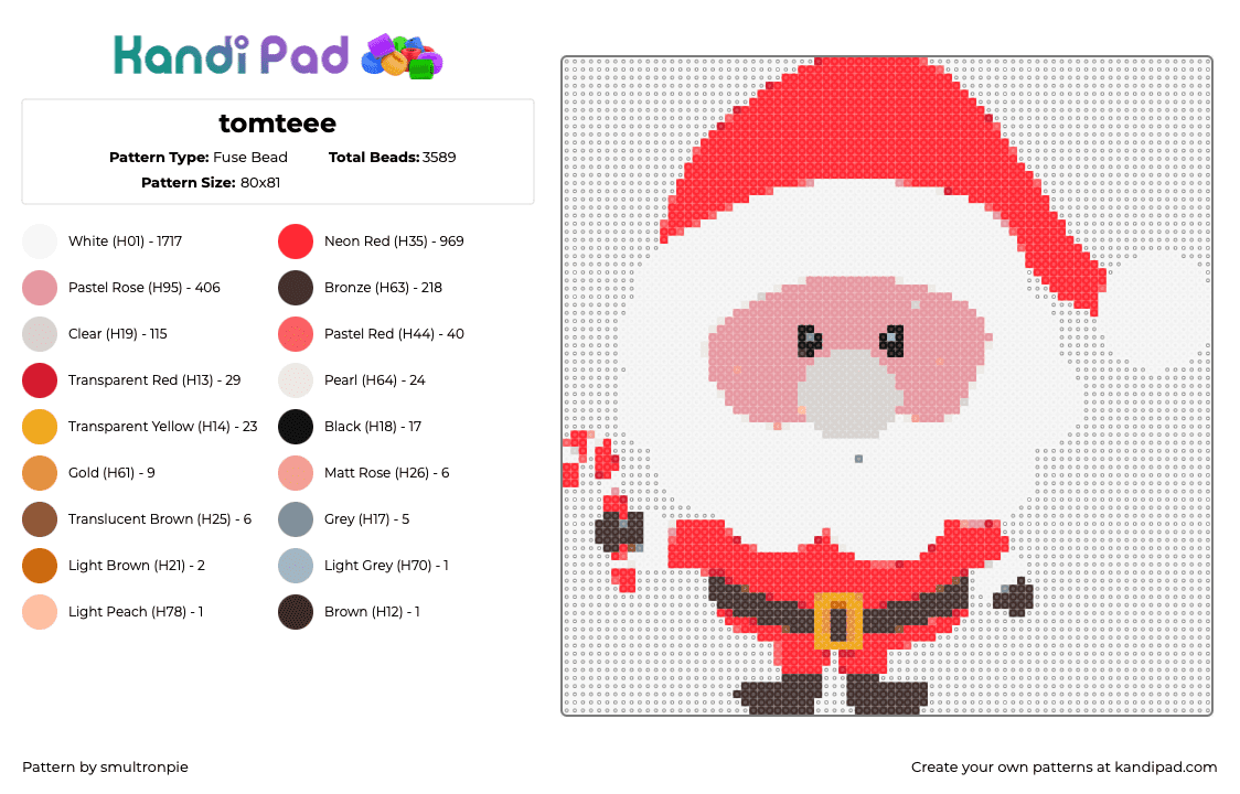 tomteee - Fuse Bead Pattern by smultronpie on Kandi Pad - santa claus,christmas,character,candy cane,hat,beard,red,white,pink