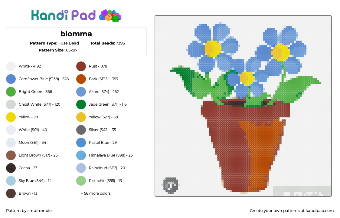 blomma - Fuse Bead Pattern by smultronpie on Kandi Pad - bouquet,flowers,garden,pot,plant,bloom,brown,light blue,green