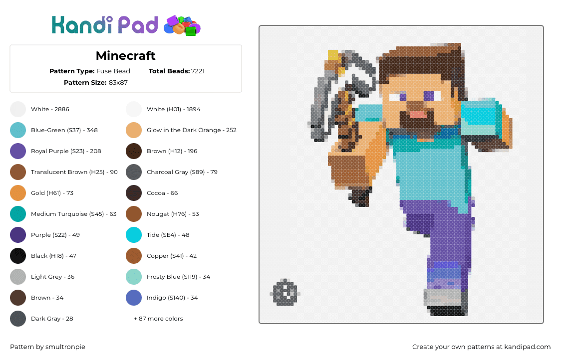 Minecraft - Fuse Bead Pattern by smultronpie on Kandi Pad - steve,minecraft,pickaxe,character,video game,teal,purple,tan