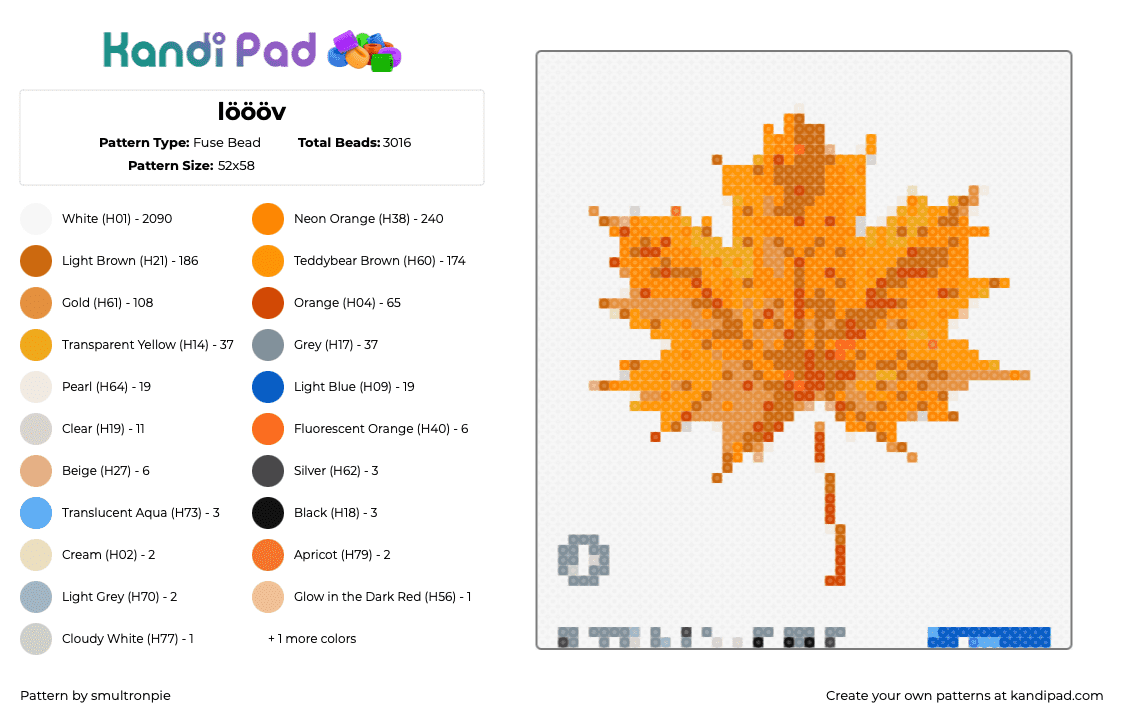 löööv - Fuse Bead Pattern by smultronpie on Kandi Pad - leaf,maple,nature,tree,canada,fall,autumn,orange