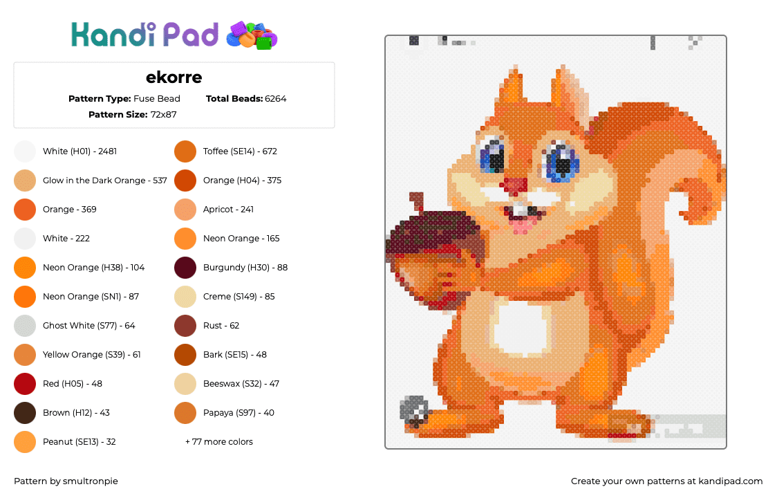 ekorre - Fuse Bead Pattern by smultronpie on Kandi Pad - squirrel,acorn,character,nut,animal,cute,orange