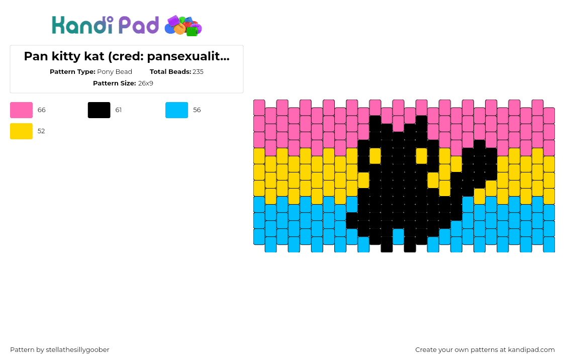 Pan kitty kat (cred: pansexualittlegoober) - Pony Bead Pattern by stellathesillygoober on Kandi Pad - pansexual,pride,silhouette,cat,horizontal,stripes,cuff,black,pink,yellow,light blue