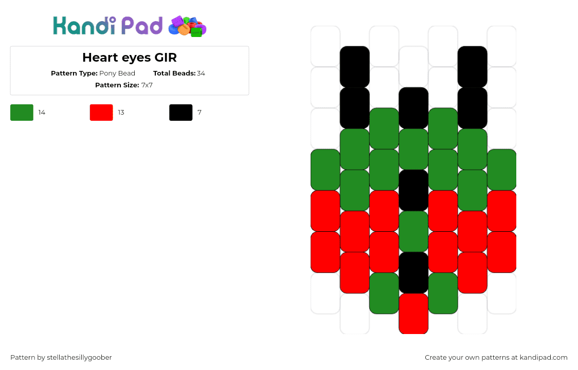 Heart eyes GIR - Pony Bead Pattern by stellathesillygoober on Kandi Pad - gir,invader zim,character,cute,puppy,robot,hearts,cartoon,tv show,green,red