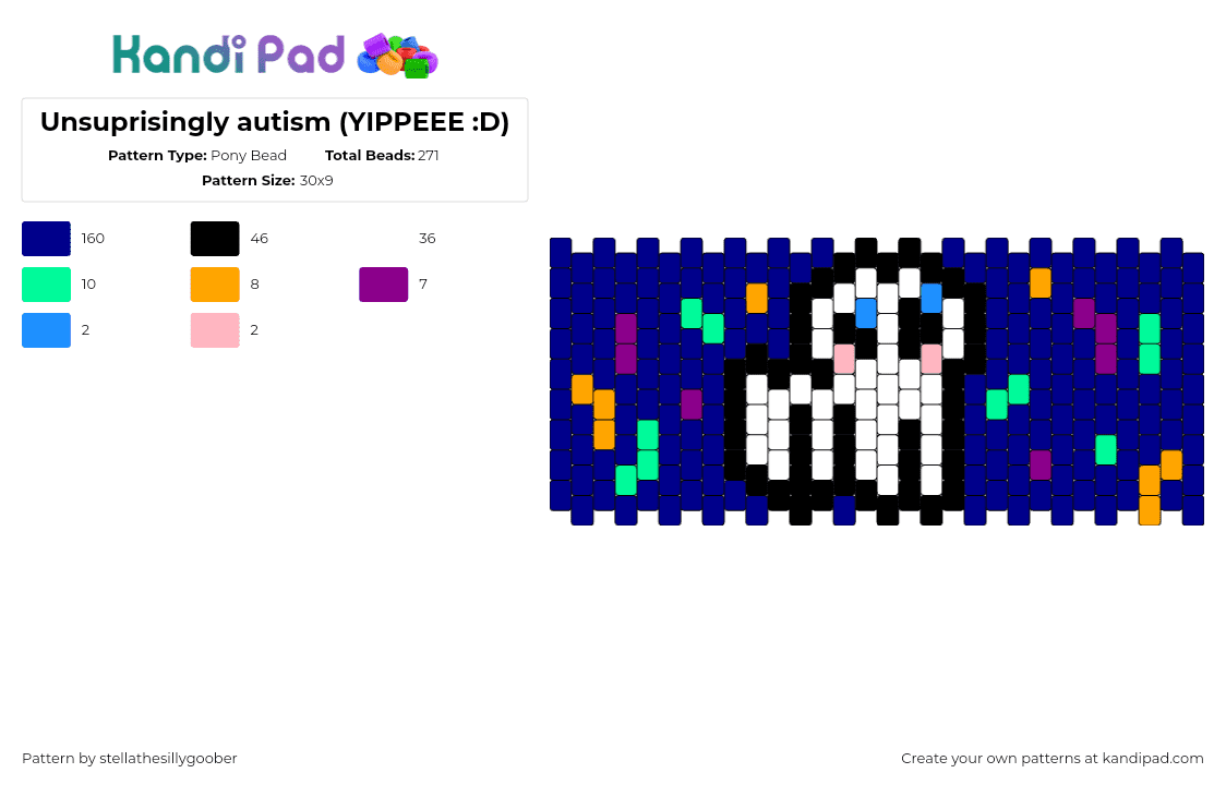 Unsuprisingly autism (YIPPEEE :D) - Pony Bead Pattern by stellathesillygoober on Kandi Pad - yippee,autism,creature,confetti,party,cuff,colorful,blue,white