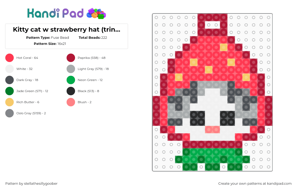 Kitty cat w strawberry hat (trinket) - Fuse Bead Pattern by stellathesillygoober on Kandi Pad - red