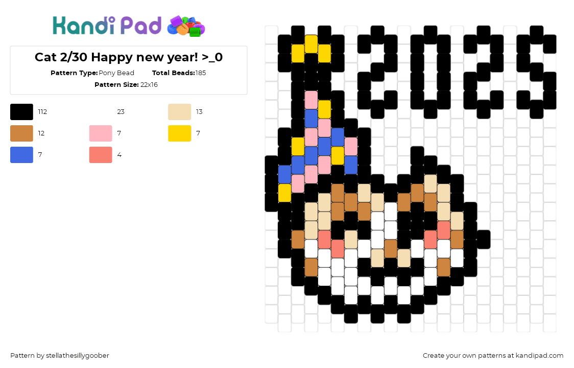 Cat 2/30 Happy new year! >_0 - Pony Bead Pattern by stellathesillygoober on Kandi Pad - cat,party,2025,new year,animal,hat,cute,pink,tan