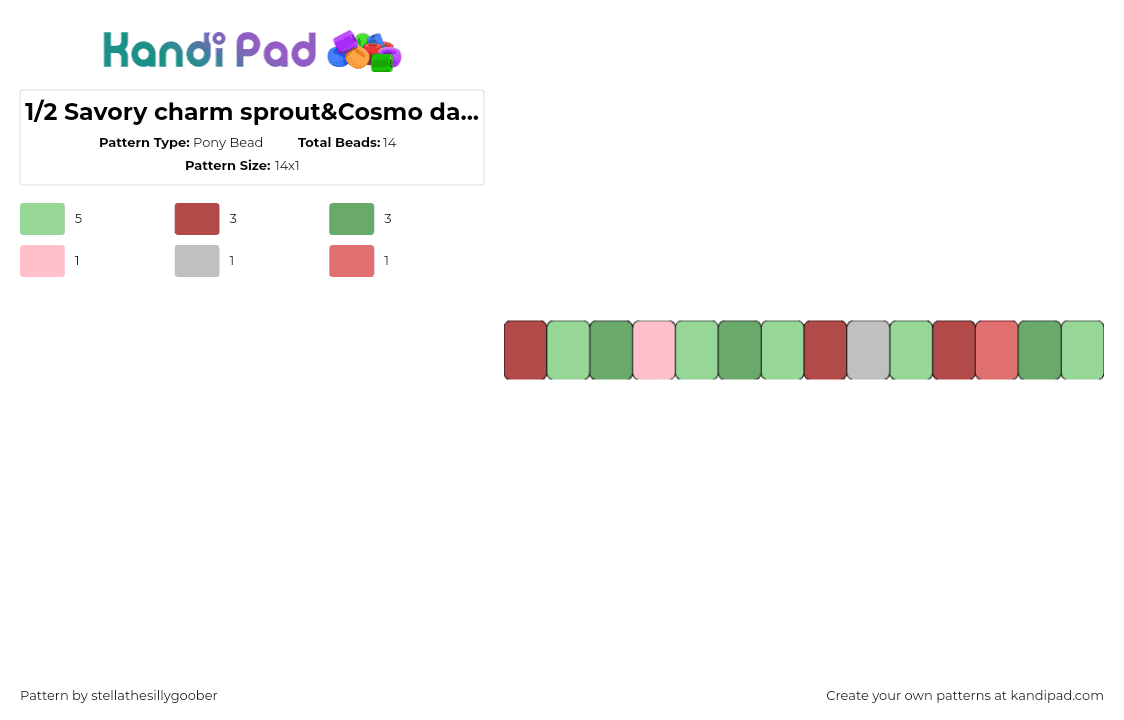 1/2 Savory charm sprout&Cosmo dandys world - Pony Bead Pattern by stellathesillygoober on Kandi Pad - sprout,cosmo,dandys world,video game,charm,earthy,savory,green,red