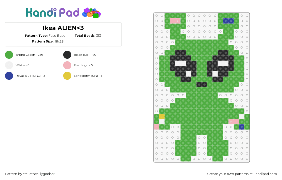 Ikea ALIEN<3 - Fuse Bead Pattern by stellathesillygoober on Kandi Pad - aftonsparv,alien,ikea,plush,cute,character,green