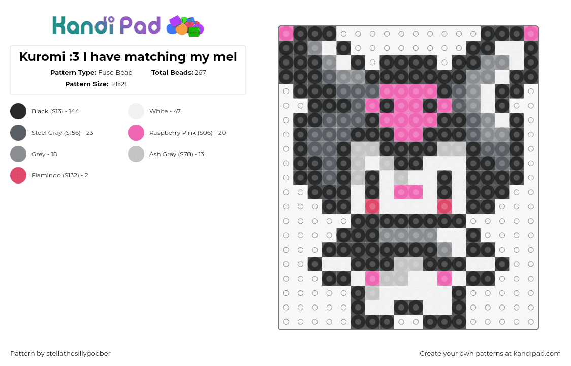 Kuromi :3 I have matching my mel - Fuse Bead Pattern by stellathesillygoober on Kandi Pad - kuromi,sanrio,kawaii,character,cute,pink,gray white