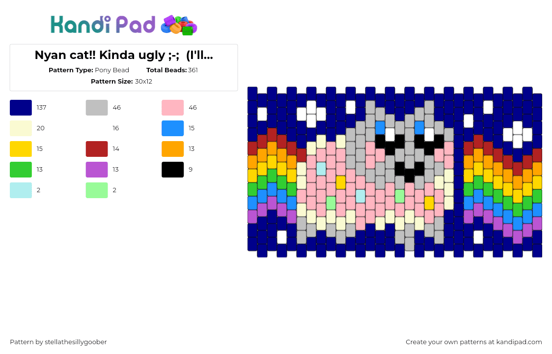 Nyan cat!! Kinda ugly ;-;  (I\'ll prob retry it) - Pony Bead Pattern by stellathesillygoober on Kandi Pad - nyan cat,rainbow,poptart,meme,cuff,colorful,blue,pink