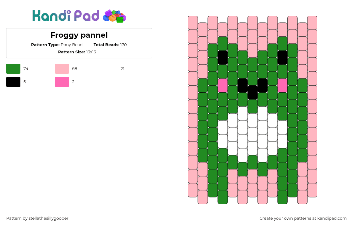 Froggy pannel - Pony Bead Pattern by stellathesillygoober on Kandi Pad - frog,cute,amphibian,panel,animal,smile,green,white,pink