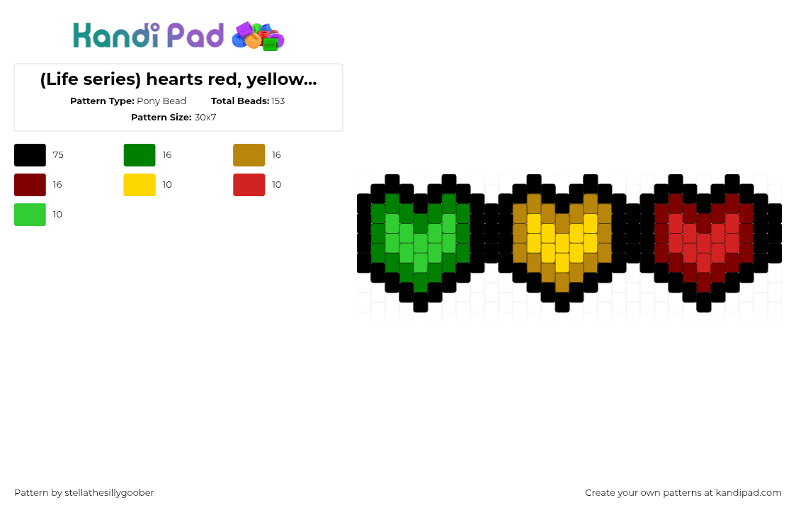 (Life series) hearts red, yellow, Green centerd - Pony Bead Pattern by stellathesillygoober on Kandi Pad - hearts,life series,youtube,minecraft,red,yellow,green