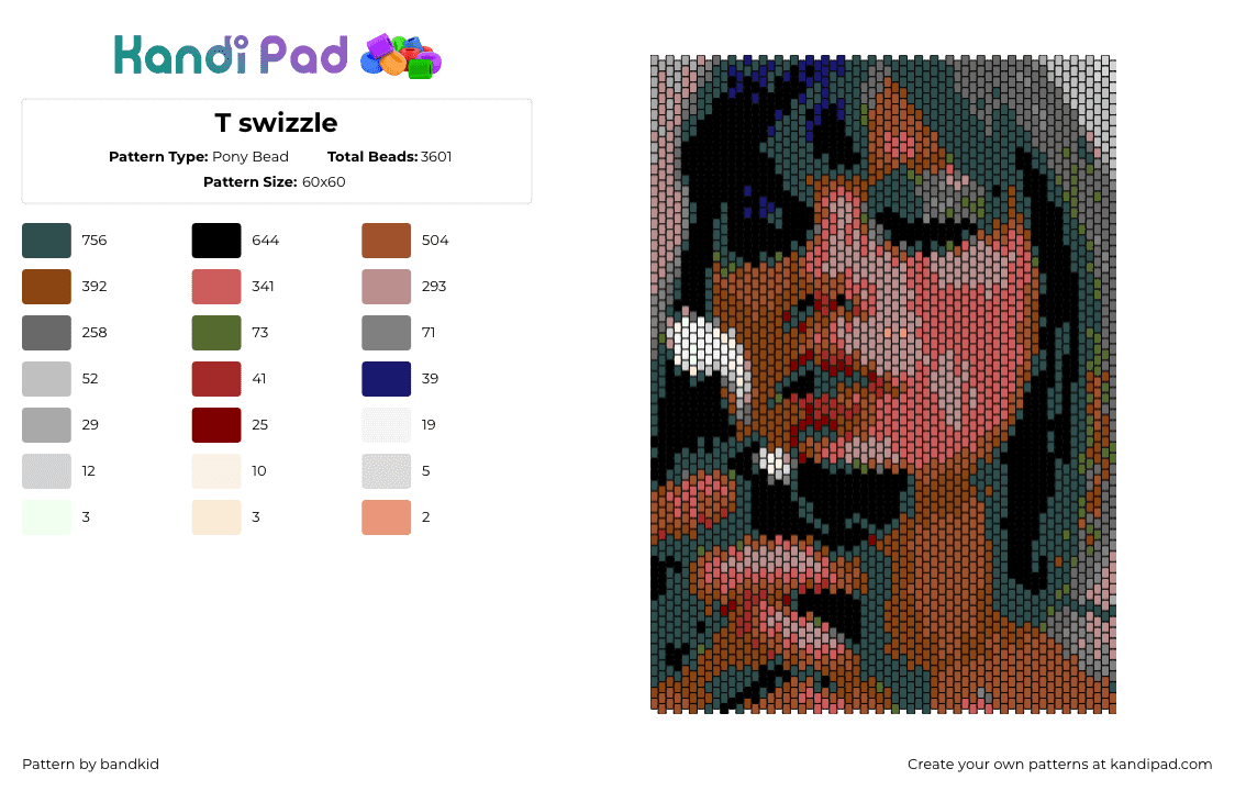 T swizzle - Pony Bead Pattern by bandkid on Kandi Pad - taylor swift,portrait,panel,swiftie,music,tan,gray