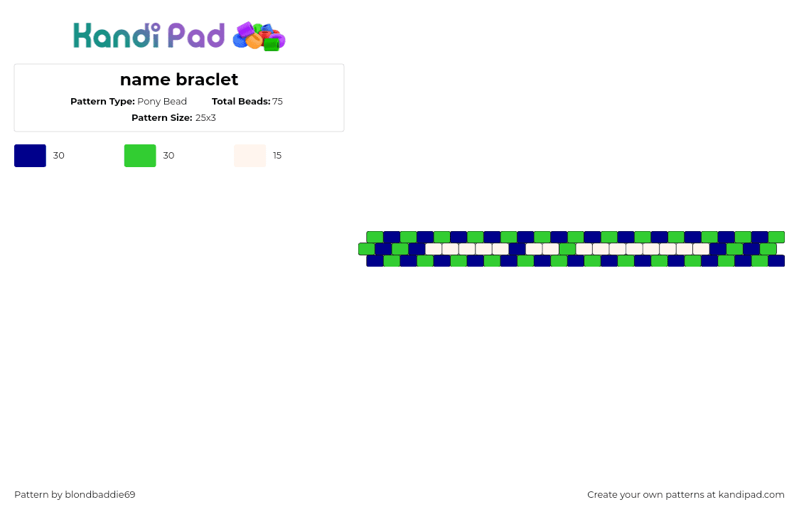 name braclet - Pony Bead Pattern by blondbaddie69 on Kandi Pad - diagonal,stripes,bracelet,cuff,green,blue