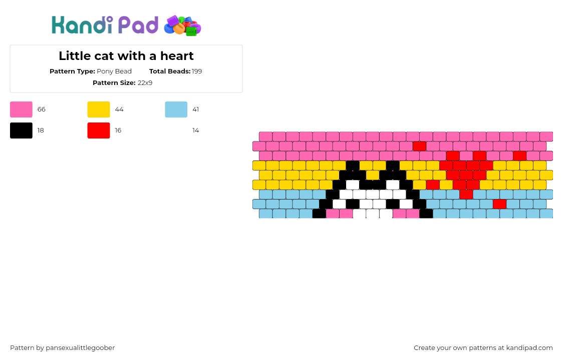 Little cat with a heart - Pony Bead Pattern by pansexualittlegoober on Kandi Pad - pansexual,cat,hearts,pride,cuff,horizontal,stripes,kitty,cute,pink,yellow,blue