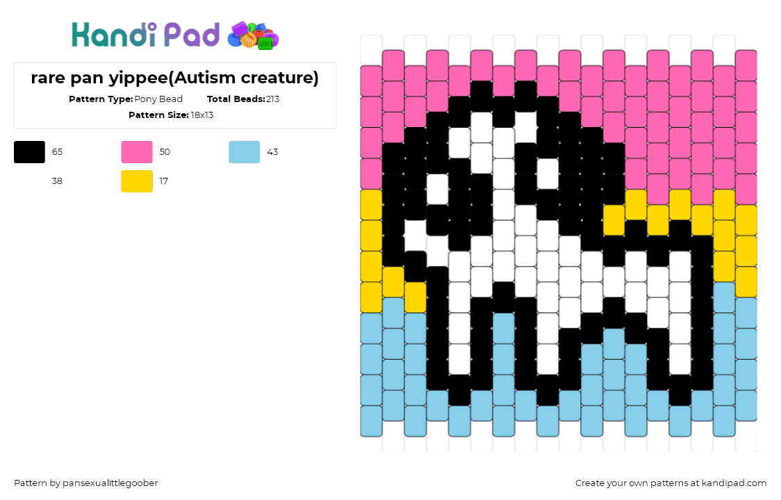 rare pan yippee(Autism creature) - Pony Bead Pattern by pansexualittlegoober on Kandi Pad - yippee,autism,pansexual,pink,white,light blue