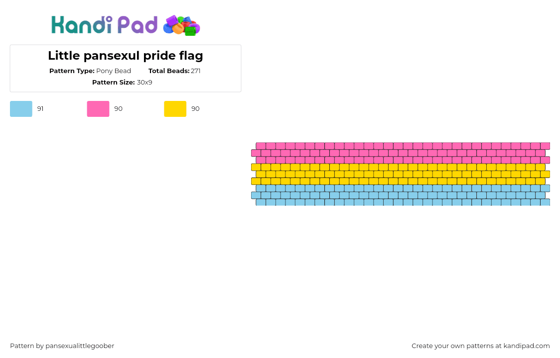 Little pansexul pride flag - Pony Bead Pattern by pansexualittlegoober on Kandi Pad - pansexual,pride,cuff,horizontal,stripes,pink,yellow,light blue