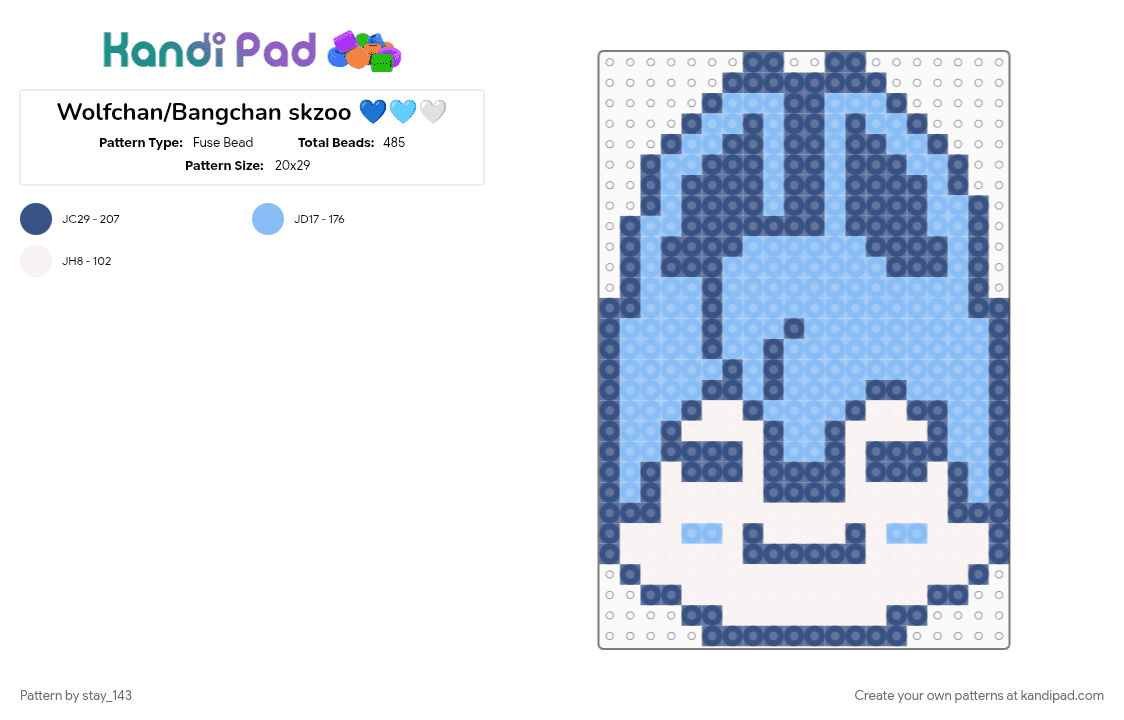 Wolfchan/Bangchan skzoo 💙🩵🤍 - Fuse Bead Pattern by stay_143 on Kandi Pad - blue, character, cotdwolves, light blue, perler charm, perler pattern, skz, skzoo, wolf, wolfchan