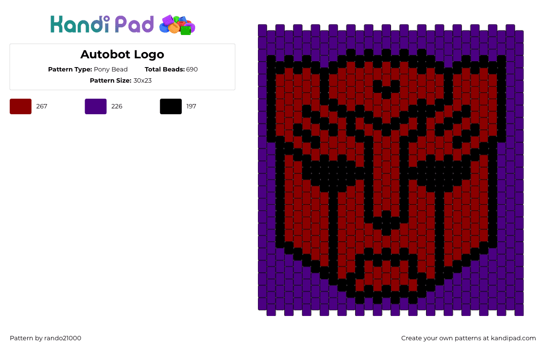 Autobot Logo - Pony Bead Pattern by rando21000 on Kandi Pad - autobots,transformers,logo,robot,movie,tv show,panel,purple,red