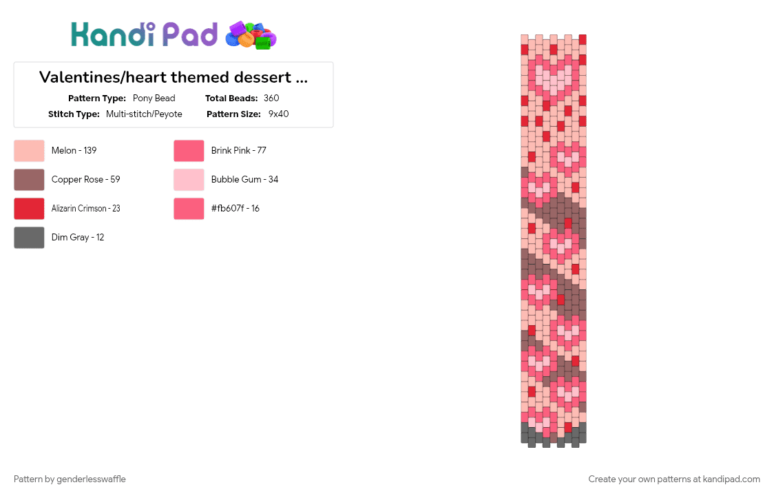 Valentines/heart themed dessert peyote tie - Pony Bead Pattern by genderlesswaffle on Kandi Pad - beige, cotddessert, heart, hearts, love, red, valentine