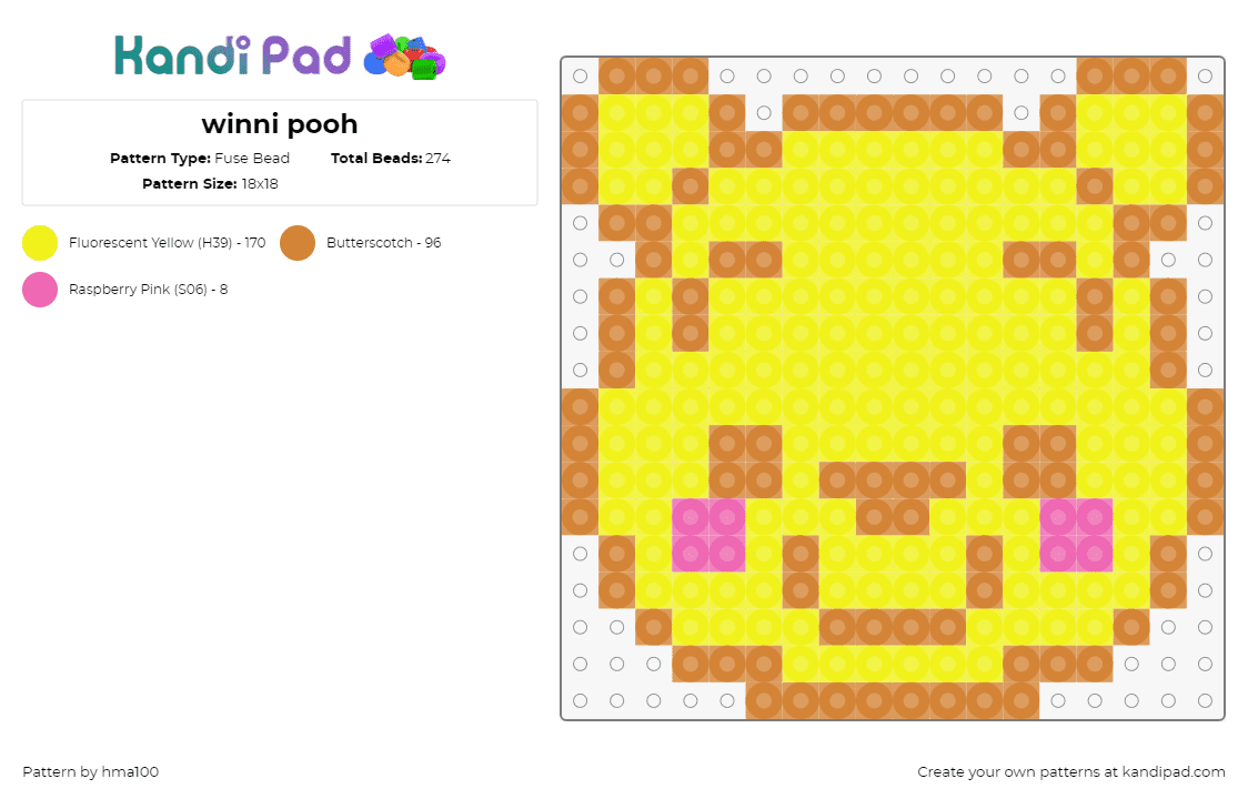 winni pooh - Fuse Bead Pattern by hma100 on Kandi Pad - winnie the pooh,bear,teddy,character,head,cartoon,nostalgia,classic,smile,cute,yellow