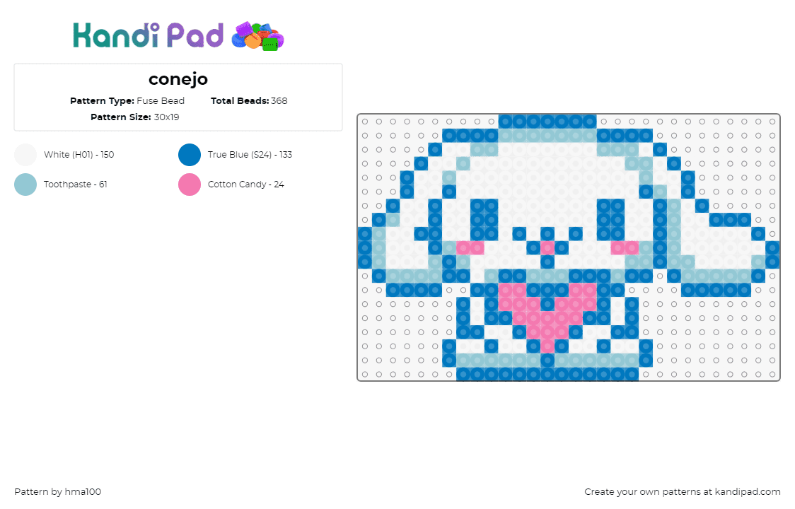 conejo - Fuse Bead Pattern by hma100 on Kandi Pad - cinnamoroll,sanrio,chibi,kawaii,heart,cute,character,light blue,white,pink