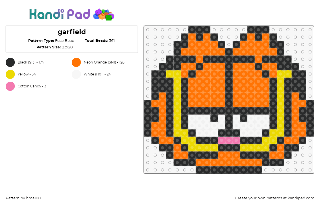 garfield - Fuse Bead Pattern by hma100 on Kandi Pad - garfield,cat,comic,character,head,orange,yellow